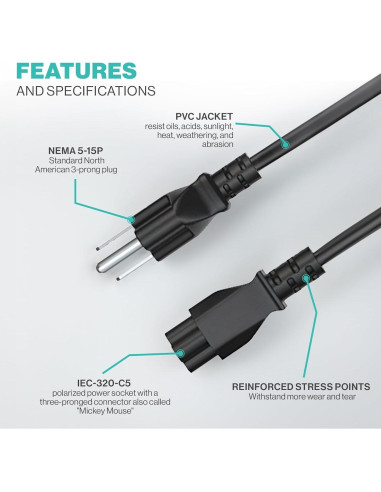 Cable de Alimentación 1.52m C5 UL para Portátil y TV LG, Dell, HP