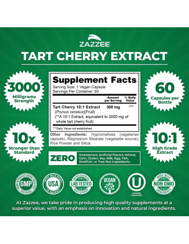 Extracto de Cereza Ácida 10:1 Zazzee 3000 mg 60 Cápsulas Veganas
