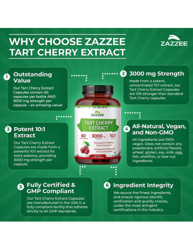 Extracto de Cereza Ácida 10:1 Zazzee 3000 mg 60 Cápsulas Veganas