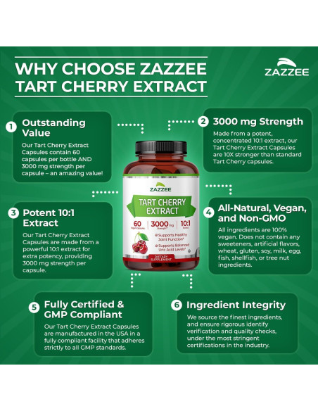 Extracto de Cereza Ácida 10:1 Zazzee 3000 mg 60 Cápsulas Veganas