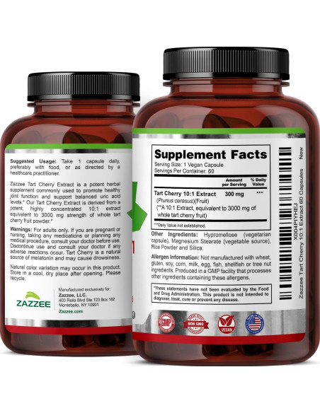 Extracto de Cereza Ácida 10:1 Zazzee 3000 mg 60 Cápsulas Veganas