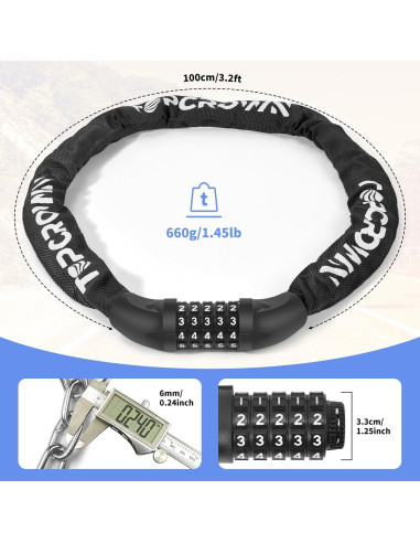 Candado de Cadena Antirrobo Topcrown 0.97m Combinación 5 Dígitos