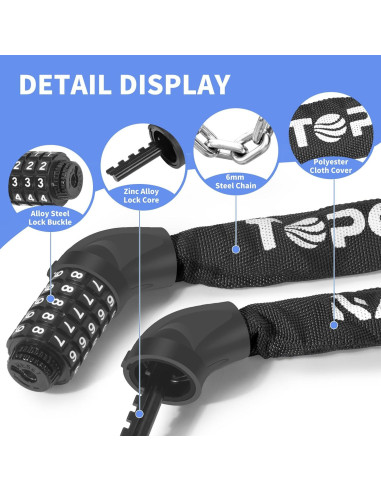 Candado de Cadena Antirrobo Topcrown 0.97m Combinación 5 Dígitos