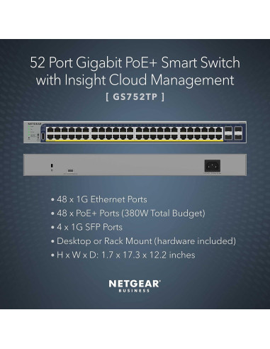 Interruptor Inteligente NETGEAR GS752TP 48 Puertos PoE+ 380W