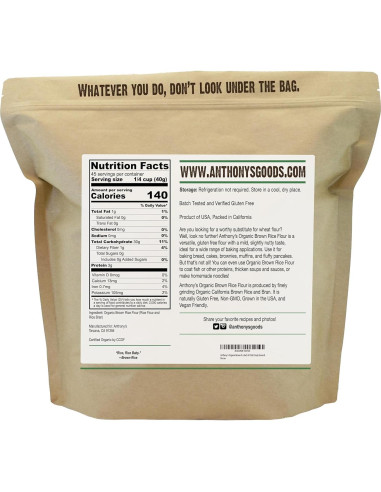 Harina de Arroz Integral Orgánica Anthony's 1.81 kg Sin Gluten