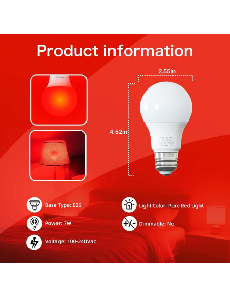 Bombilla Roja 7W E26 Luz Natural 670nm para Dormir