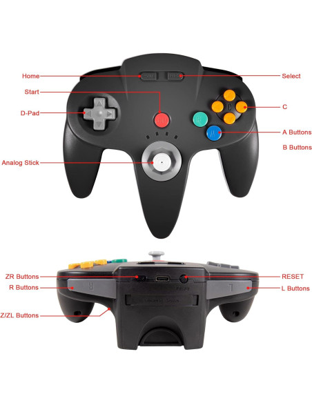 Controlador Inalámbrico KIWITATA para N64 Negro - Joystick Recargable
