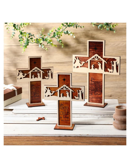 Adorno de Mesa Natividad Huwena 3 Piezas Madera Vintage
