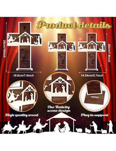 Adorno de Mesa Natividad Huwena 3 Piezas Madera Vintage
