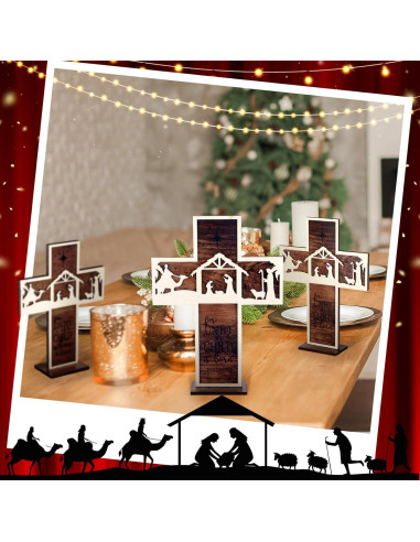 Adorno de Mesa Natividad Huwena 3 Piezas Madera Vintage