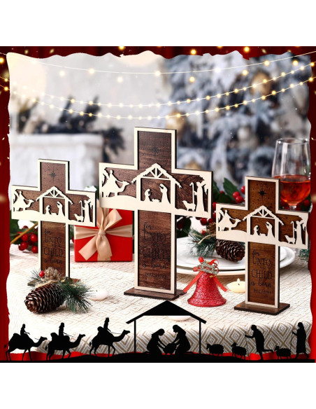 Adorno de Mesa Natividad Huwena 3 Piezas Madera Vintage