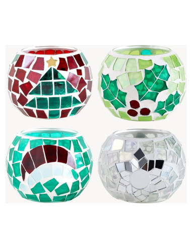 Juego de 4 Portavelas de Vidrio Mosaico SHMILMH 8.1 cm Navidad