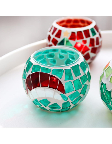 Juego de 4 Portavelas de Vidrio Mosaico SHMILMH 8.1 cm Navidad