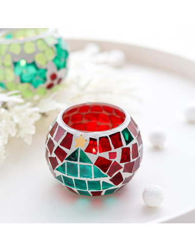 Juego de 4 Portavelas de Vidrio Mosaico SHMILMH 8.1 cm Navidad