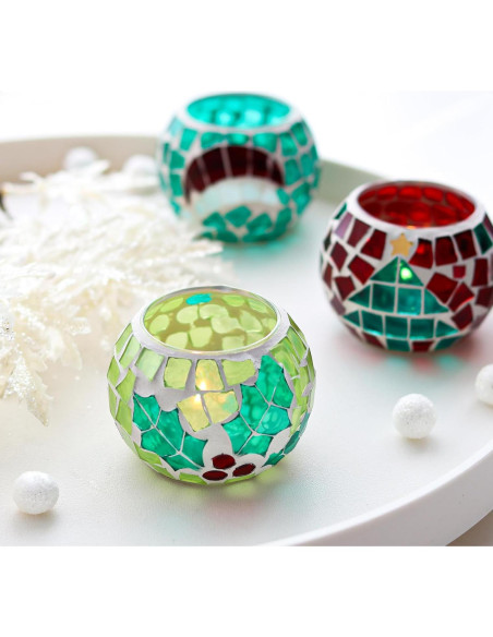 Juego de 4 Portavelas de Vidrio Mosaico SHMILMH 8.1 cm Navidad