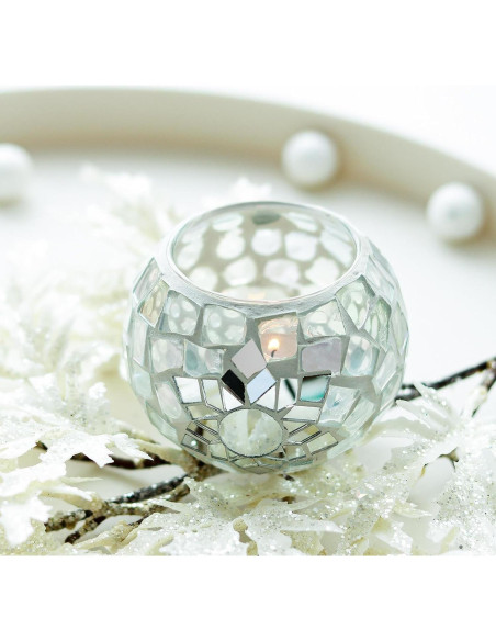 Juego de 4 Portavelas de Vidrio Mosaico SHMILMH 8.1 cm Navidad