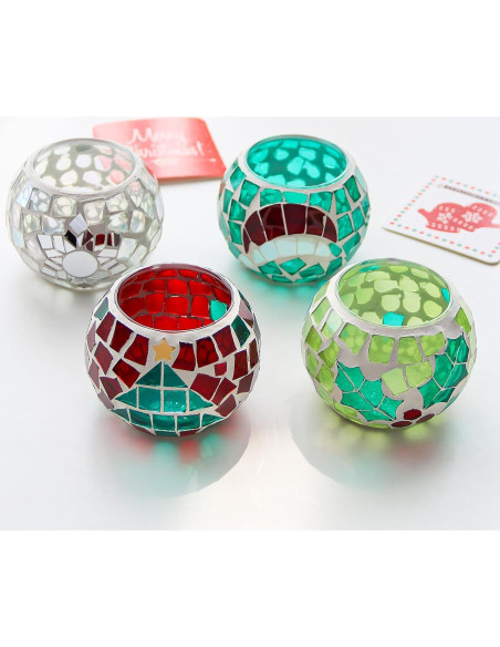 Juego de 4 Portavelas de Vidrio Mosaico SHMILMH 8.1 cm Navidad