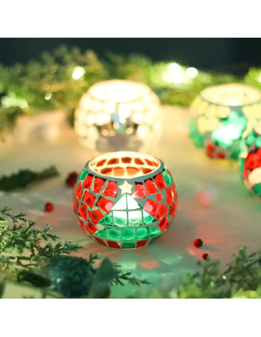 Juego de 4 Portavelas de Vidrio Mosaico SHMILMH 8.1 cm Navidad