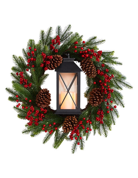 Corona Navideña Artificial Casi Natural 71cm con Linterna LED