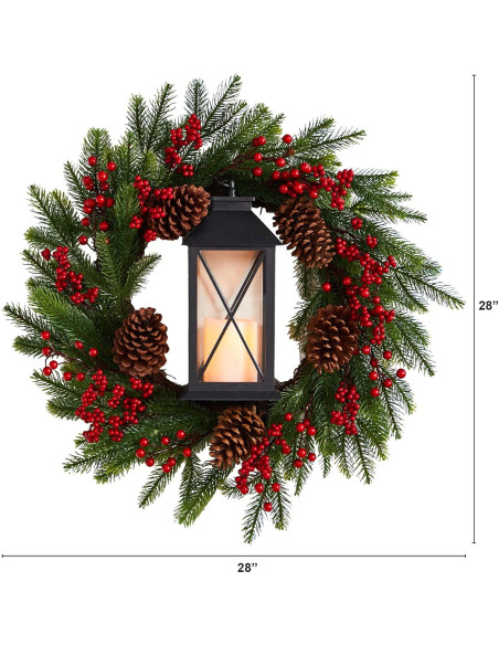 Corona Navideña Artificial Casi Natural 71cm con Linterna LED