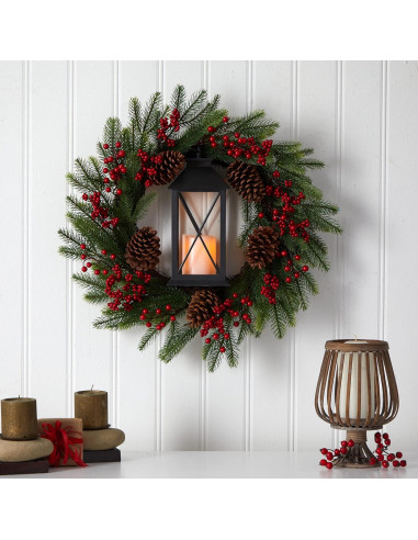 Corona Navideña Artificial Casi Natural 71cm con Linterna LED