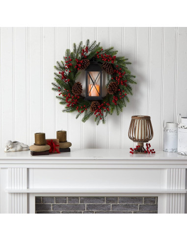 Corona Navideña Artificial Casi Natural 71cm con Linterna LED