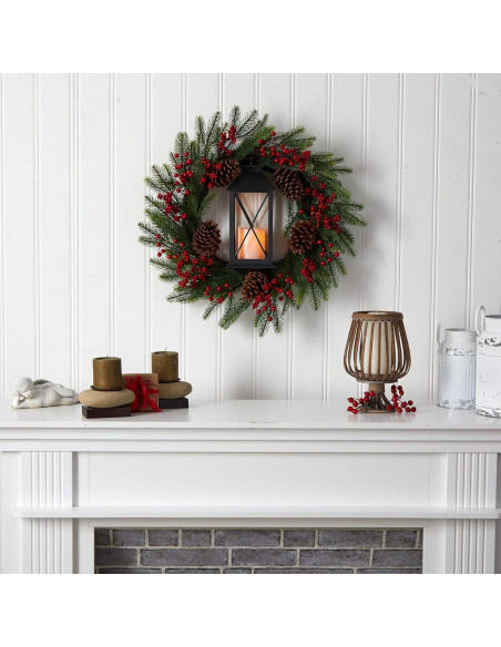 Corona Navideña Artificial Casi Natural 71cm con Linterna LED