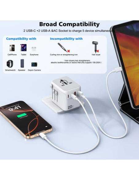 Adaptador de Viaje Universal 20W DONGGUAN 2 Puertos USB-C y A