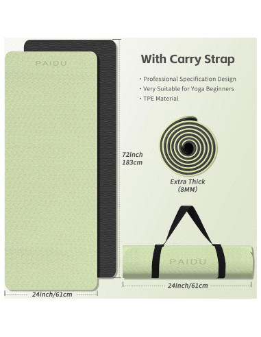 Estera de Yoga PAIDU 8mm TPE Antideslizante Verde y Negro