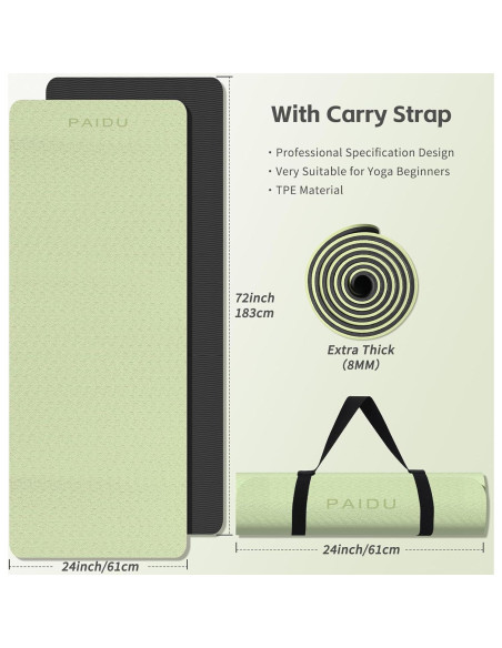 Estera de Yoga PAIDU 8mm TPE Antideslizante Verde y Negro