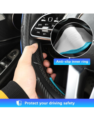 Funda de Volante de Coche TNAIYH 15" Fibra de Carbono Azul