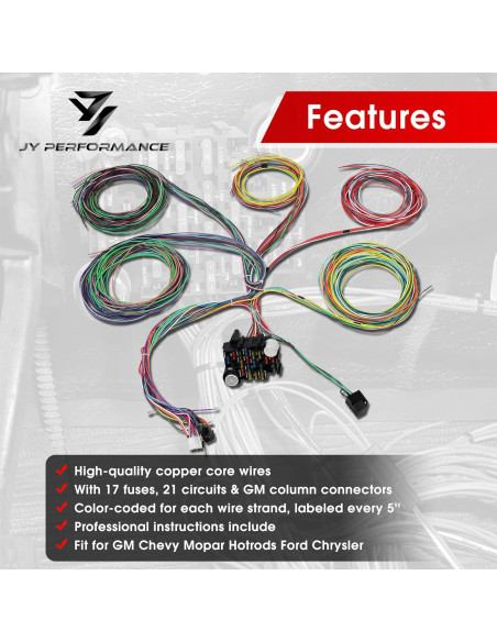 Kit de Cableado Universal 21 Circuitos JY PERFORMANCE 17 Fusibles
