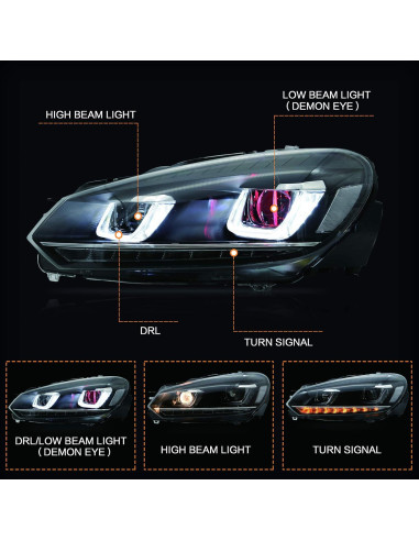 Faros LED VLAND para Golf 6 2010-2014 con Ojos Demonio