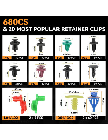 Kit de Clips de Parachoques Auto Dinastía 680 Pcs con Herramientas
