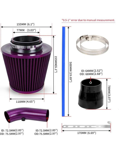 Kit de Entrada de Aire Frío BARTOO 3'' Aluminio Filtro Universal