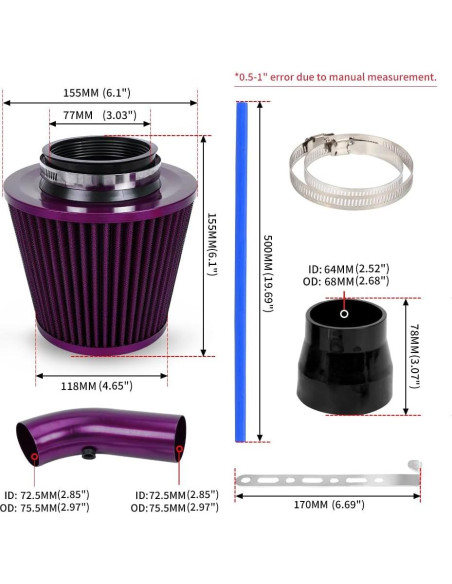 Kit de Entrada de Aire Frío BARTOO 3'' Aluminio Filtro Universal