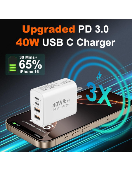 Cargador Rápido USB C 40W 4 Puertos para iPhone 17 y Samsung