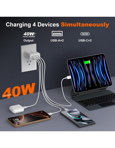 Cargador Rápido USB C 40W 4 Puertos para iPhone 17 y Samsung