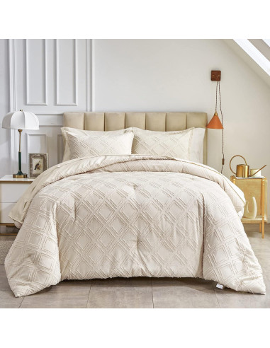 Juego de Edredón Queen 7 Piezas Flysheep Beige Jacquard