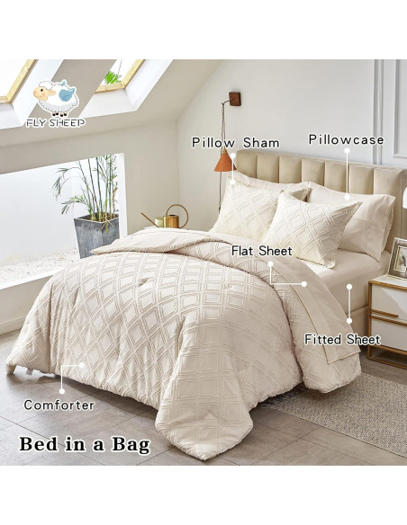 Juego de Edredón Queen 7 Piezas Flysheep Beige Jacquard