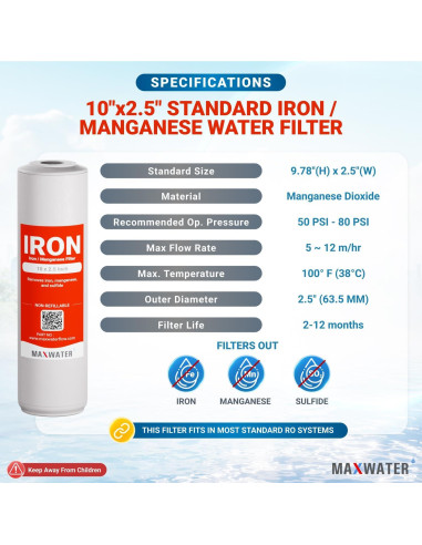 Filtro de Hierro y Manganeso Max Water 10" x 2.5" - Pack de 1