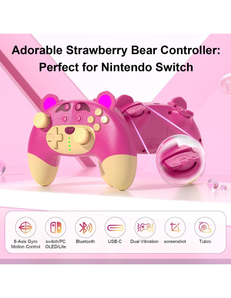 Controlador Pro Inalámbrico Rosa Oso de Fresa para Switch