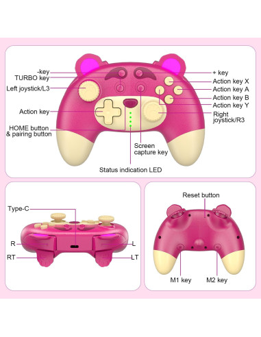 Controlador Pro Inalámbrico Rosa Oso de Fresa para Switch