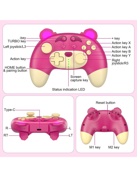 Controlador Pro Inalámbrico Rosa Oso de Fresa para Switch