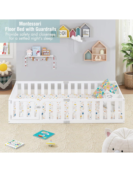 Marco de Cama Twin Spirich Montessori de Madera Blanca con Cerca