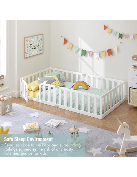 Marco de Cama Twin Spirich Montessori de Madera Blanca con Cerca