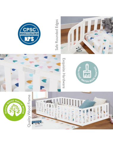 Marco de Cama Twin Spirich Montessori de Madera Blanca con Cerca