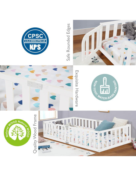 Marco de Cama Twin Spirich Montessori de Madera Blanca con Cerca