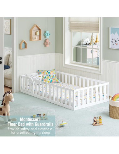 Marco de Cama Twin Spirich Montessori de Madera Blanca con Cerca