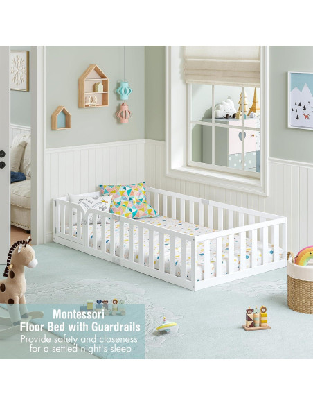 Marco de Cama Twin Spirich Montessori de Madera Blanca con Cerca